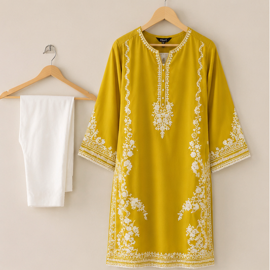 Women's Yellow Georgette Embroidered Kurta Pant Set with Dupatta | Party Wear Ethnic Set