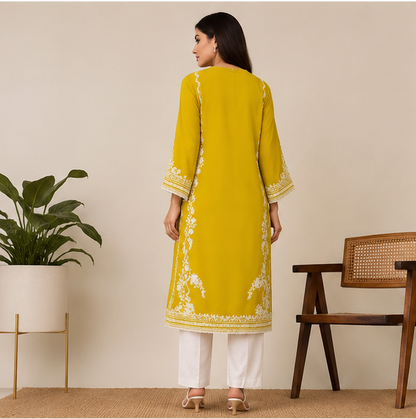 Women's Yellow Georgette Embroidered Kurta Pant Set with Dupatta | Party Wear Ethnic Set