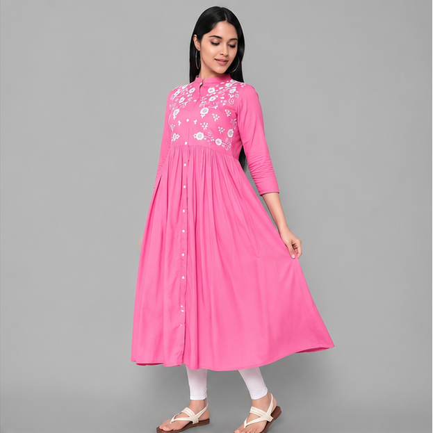 Women's Pink Embroidered Rayon Kurti | Floral Calf Length Party Wear Kurti