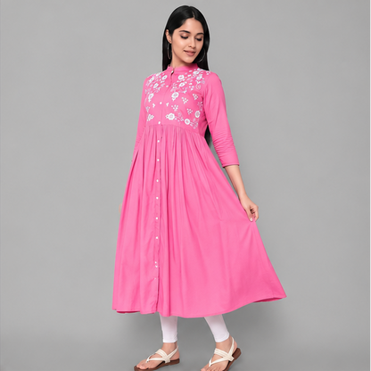 Women's Pink Embroidered Rayon Kurti | Floral Calf Length Party Wear Kurti