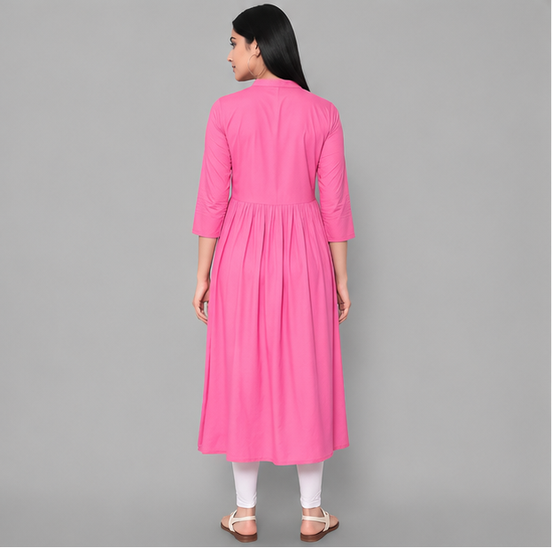 Women's Pink Embroidered Rayon Kurti | Floral Calf Length Party Wear Kurti