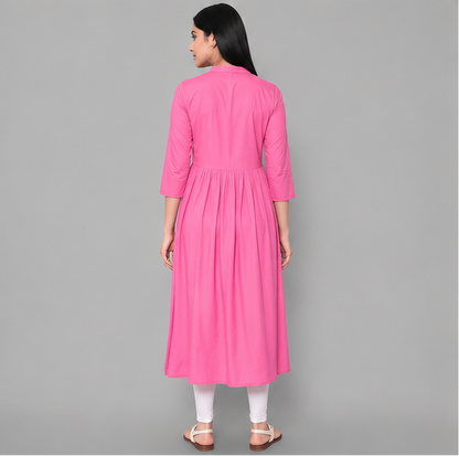 Women's Pink Embroidered Rayon Kurti | Floral Calf Length Party Wear Kurti