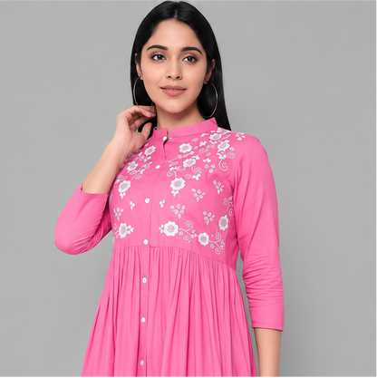 Women's Pink Embroidered Rayon Kurti | Floral Calf Length Party Wear Kurti