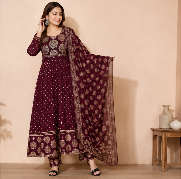 Women's Maroon Printed Anarkali Kurta Pant Set with Dupatta | Rayon Party Wear Ethnic Set