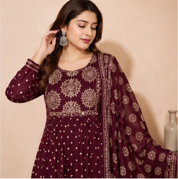 Women's Maroon Printed Anarkali Kurta Pant Set with Dupatta | Rayon Party Wear Ethnic Set