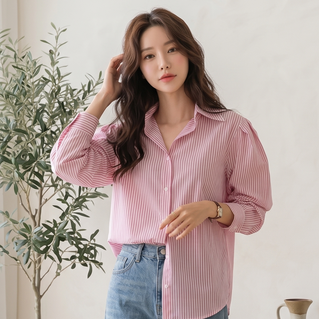 Women's Pink Striped Cotton Shirt | Casual Full Sleeve Fitted Shirt
