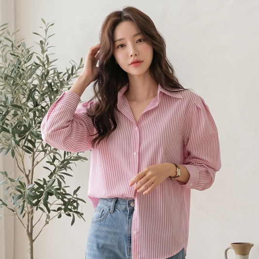 Women's Pink Striped Cotton Shirt | Casual Full Sleeve Fitted Shirt
