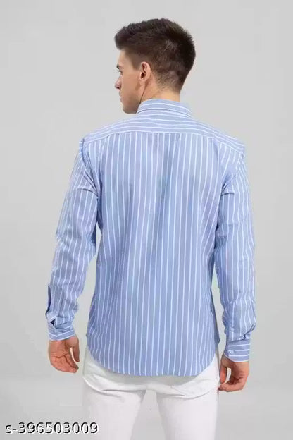 Men's Sky Blue Vertical Striped Cotton Casual Shirt | Regular Fit