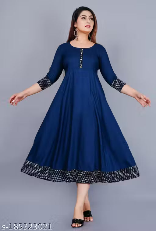 Trendy Women's Solid Printed Round Flared Kurti (Navy Blue)