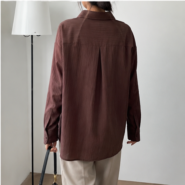 Women's Premium Brown Textured Oversized Cotton Blend Shirt | Casual Long Sleeve Button-Down Top