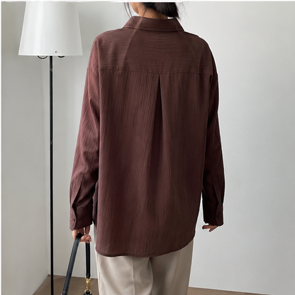 Women's Premium Brown Textured Oversized Cotton Blend Shirt | Casual Long Sleeve Button-Down Top