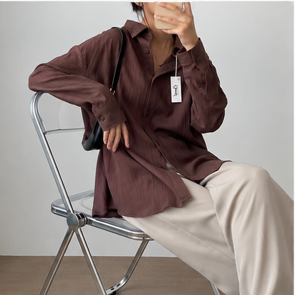 Women's Premium Brown Textured Oversized Cotton Blend Shirt | Casual Long Sleeve Button-Down Top